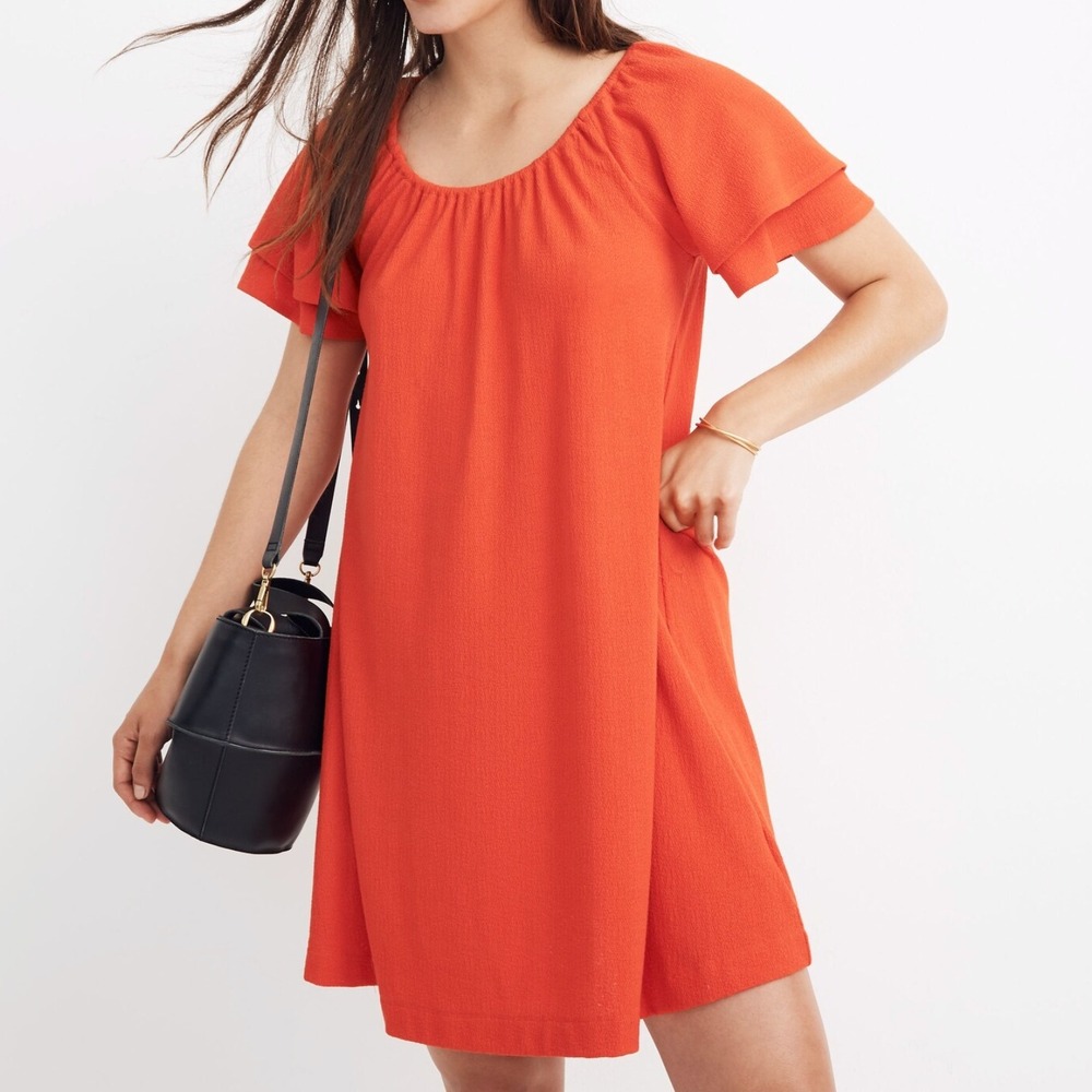 Madewell Texture & Thread Women's Medium Red Dress‎ Flutter Sleeve Knit Shift